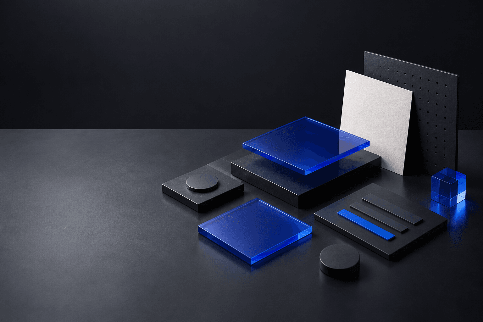 Modular UI blocks arranged in a dark studio